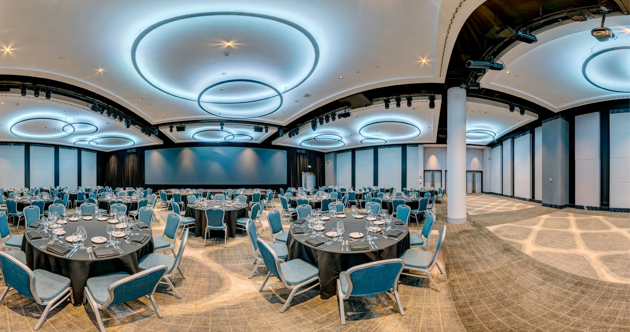 360-degree capture of an Accor hotel ballroom set with round banquet tables