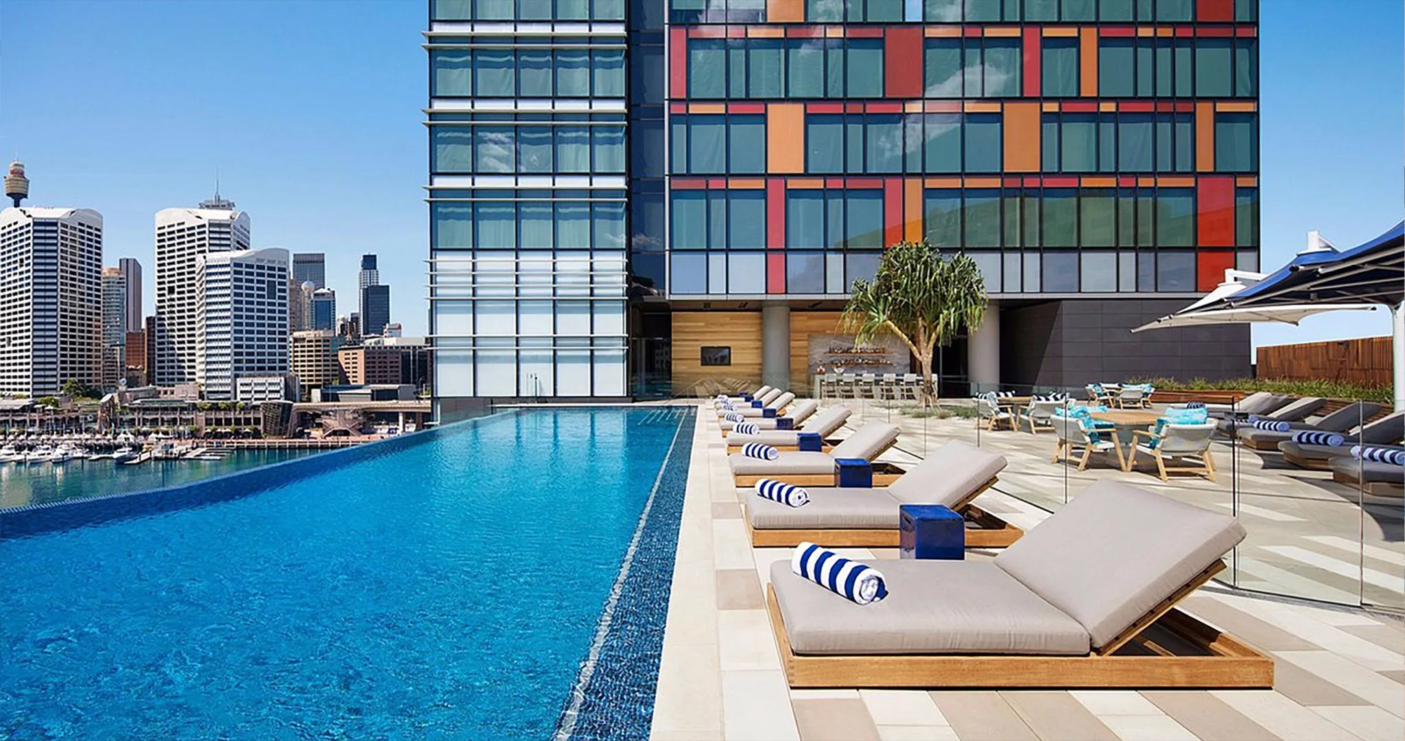Accor hotel exterior with rooftop infinity pool overlooking Sydney
