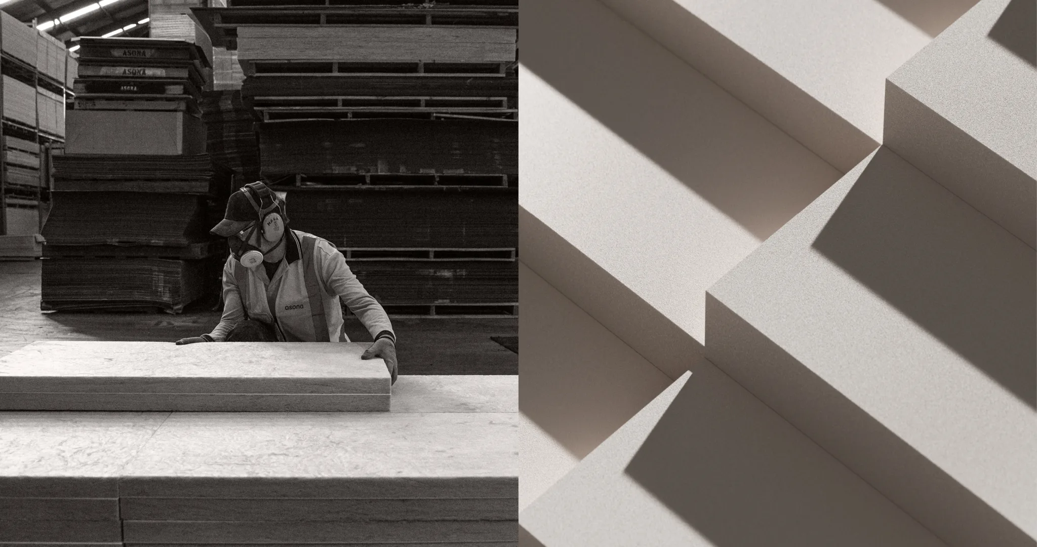Asona manufacturing facility and close-up acoustic panel material detail