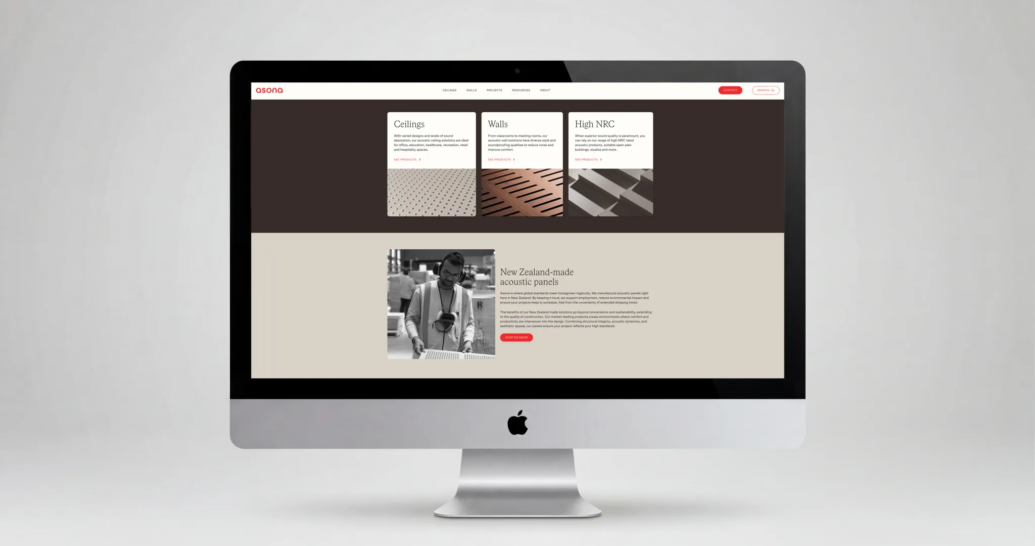 Asona product category pages shown on an iMac