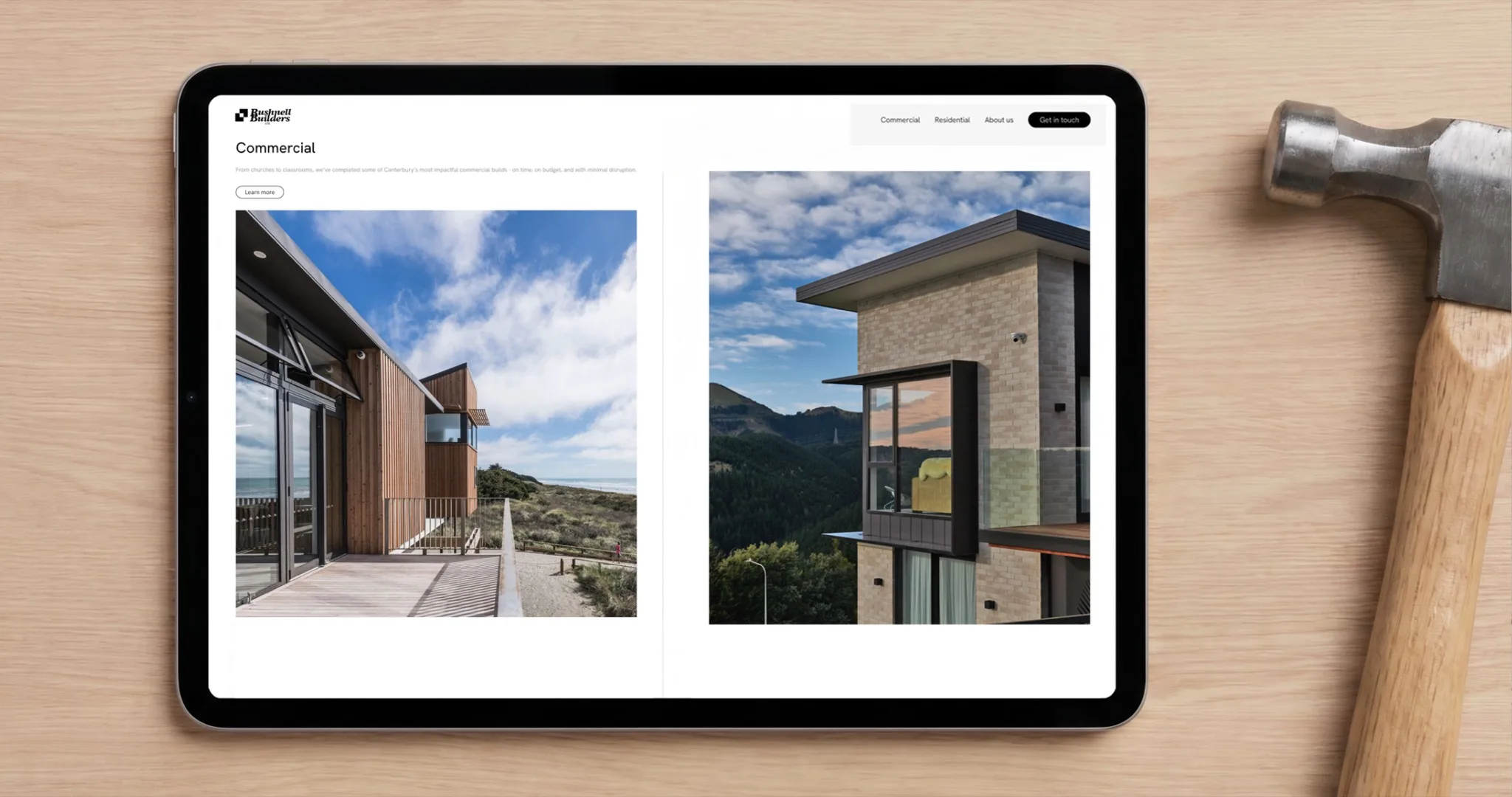 Bushnell Builders commercial project photography shown on a tablet