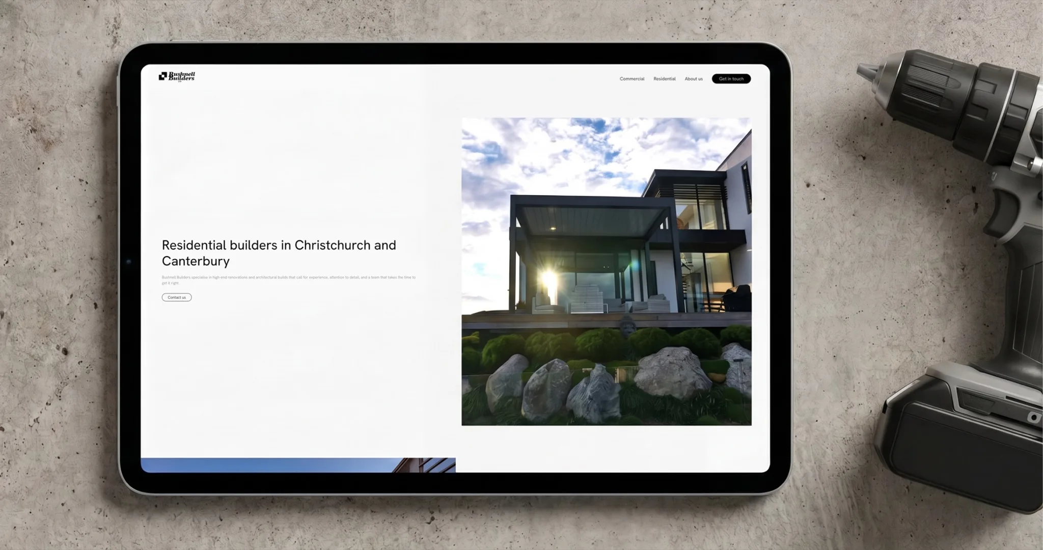 Bushnell Builders residential builders page shown on a tablet