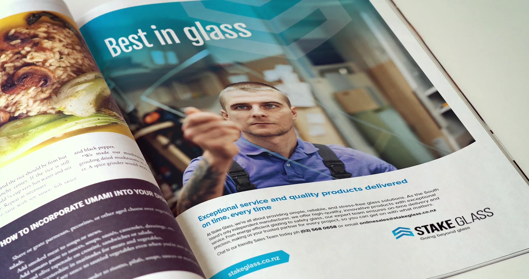 A magazine spread carrying a Stake Glass advertisement