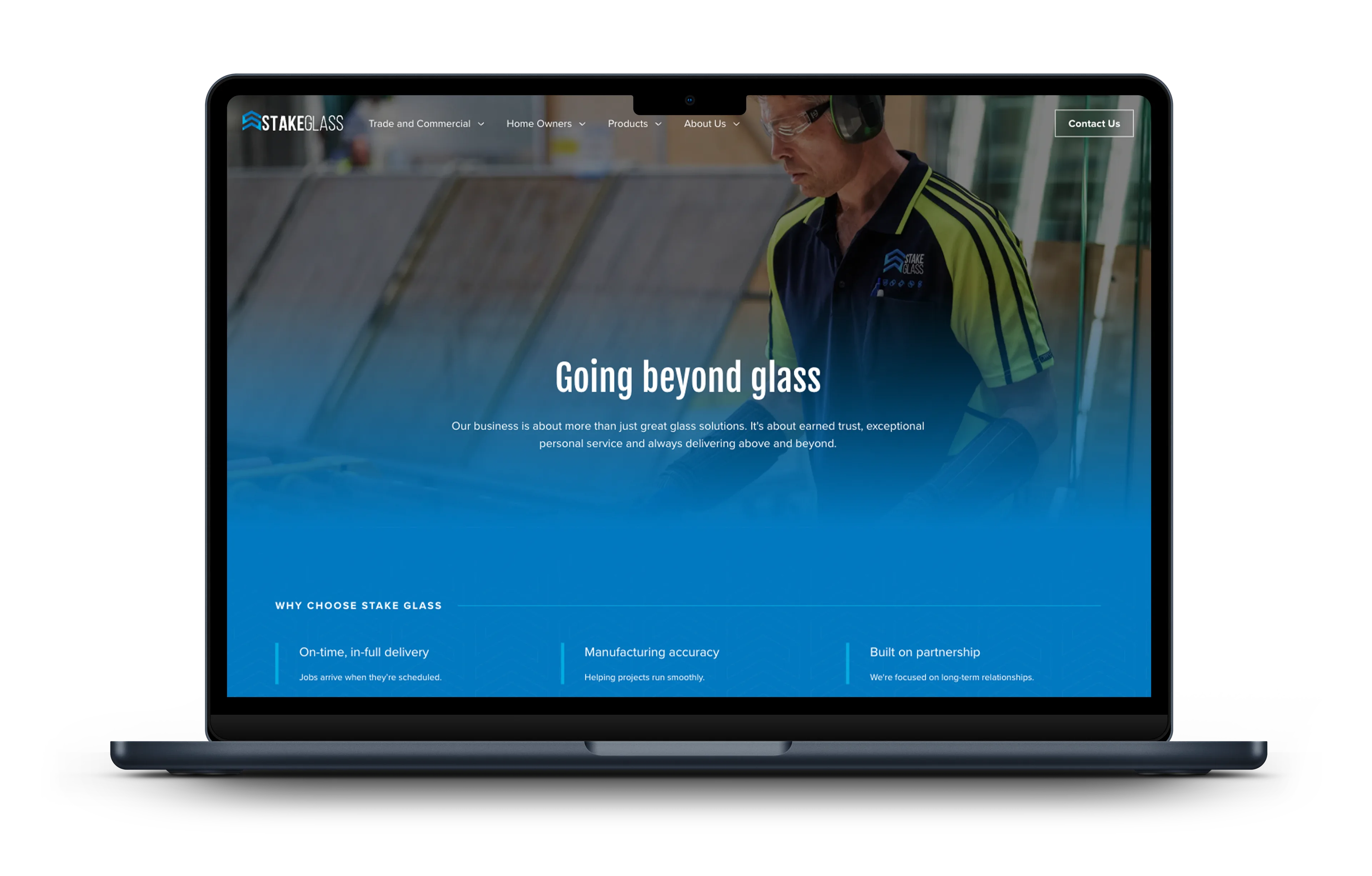 The new Stake Glass website homepage, shown on a laptop