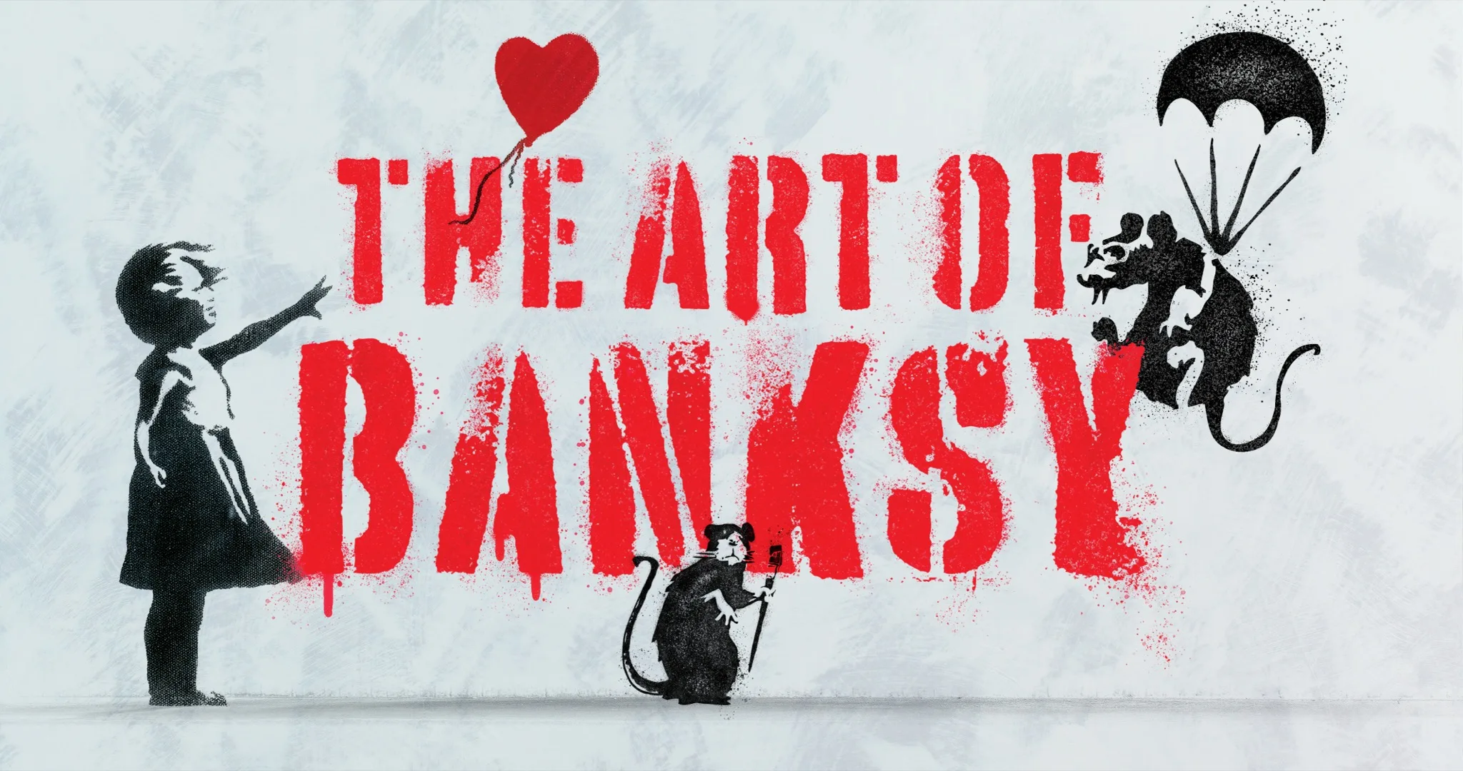 The Art of Banksy campaign key art featuring the girl with a red balloon and stencilled rats