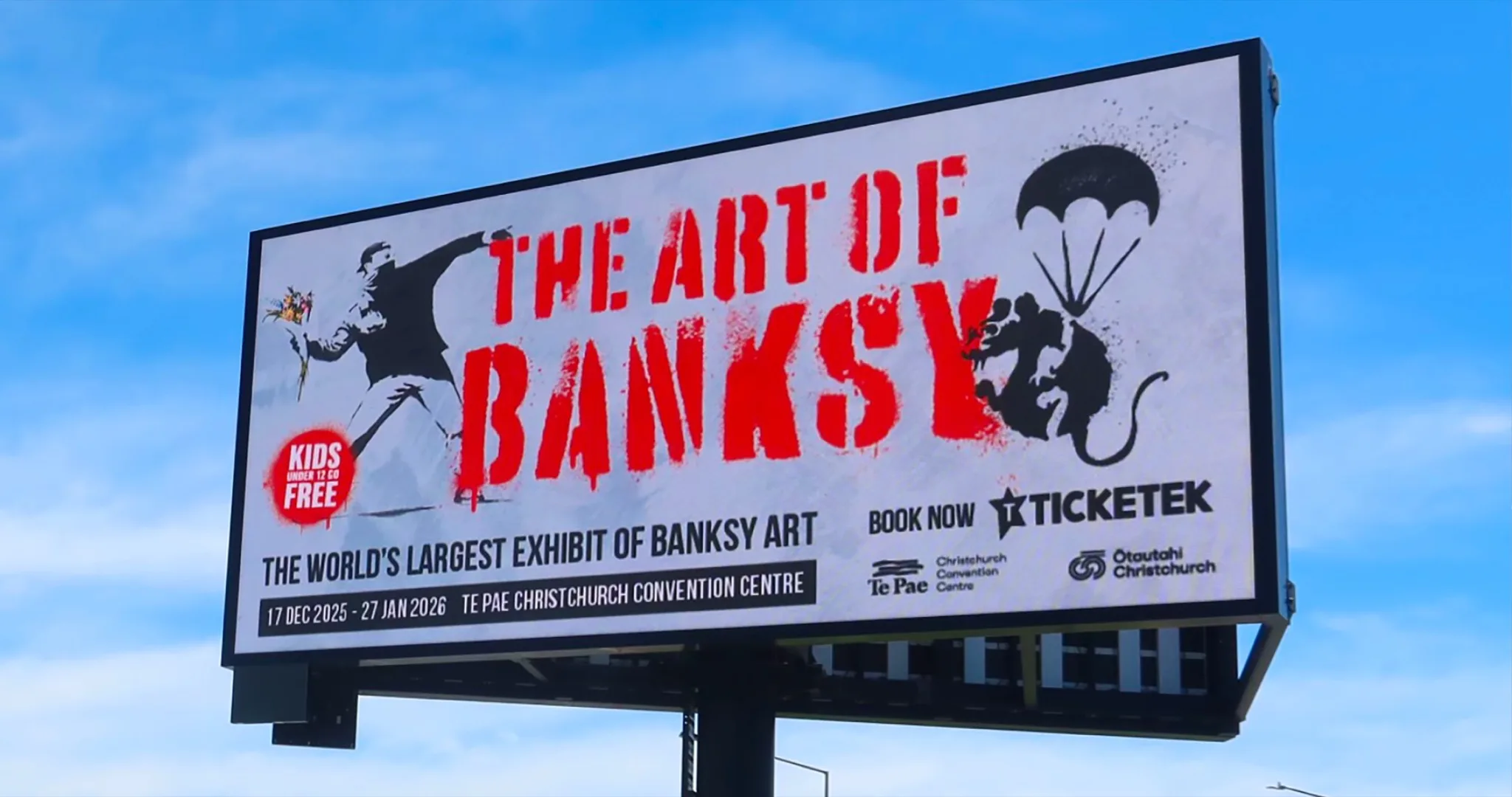 The Art of Banksy billboard advertising the exhibition at Te Pae Christchurch Convention Centre